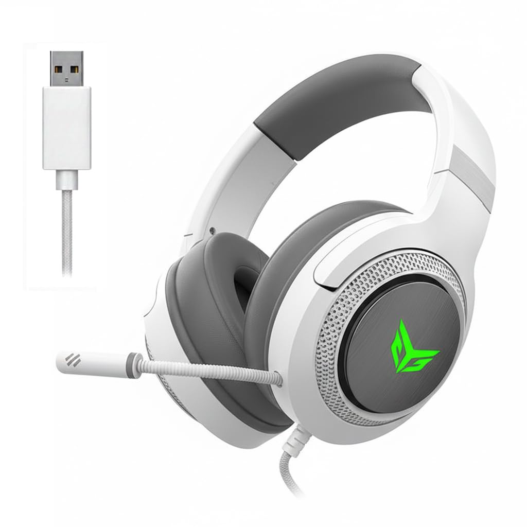 For BINGLE G51 USB RGB Gaming Headset - 7.1 Virtual Surrounded Sound & 40mm Drivers with DEEP BASS – Breathable Skin Ear Cup – Flixable Noise Reduction Mic – For PC & PS4 | White