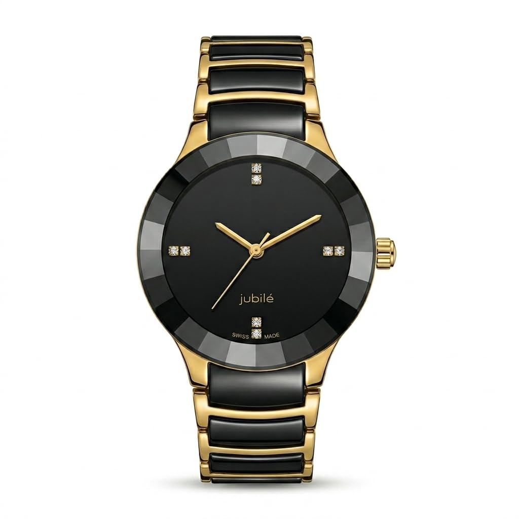 Jubilé Luxury Men's Watch, Two Tone Black and Gold, Metal Band, Black Studded Dial, Swiss Made