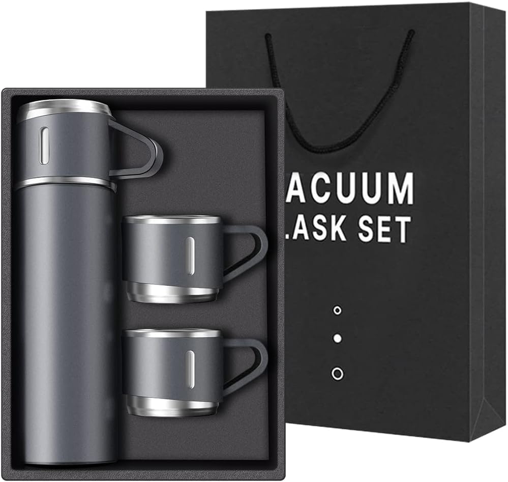 Vacuum Cup Set, 304 Stainless Steel Vacuum Cup 500ml with 3 Cups, Hot and Cold Drinks, Leakproof, Perfect Gift (Grey)