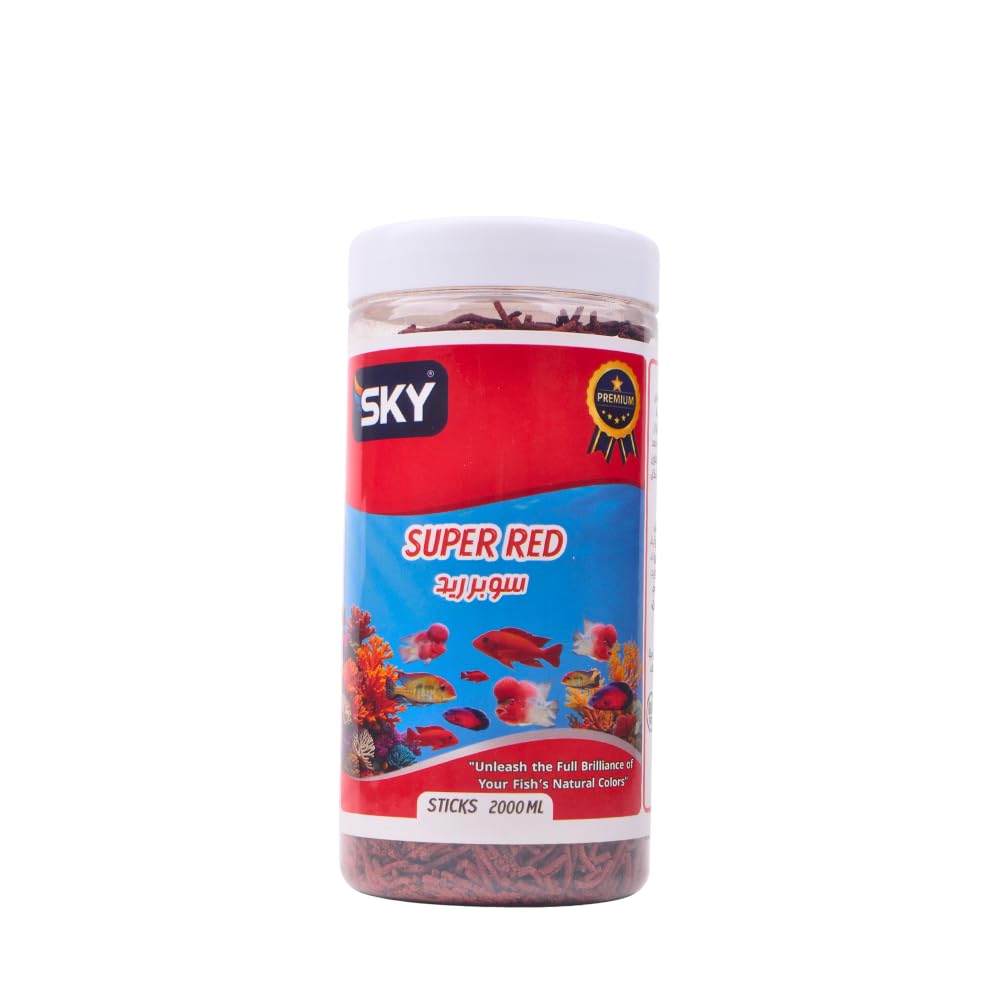 Sky Super Red Sticks Fish Food 2000ml - High Protein Daily Red Color Enhancing Food for Cyclide, Flowerhorn, and Parrot in Freshwater Aquariums