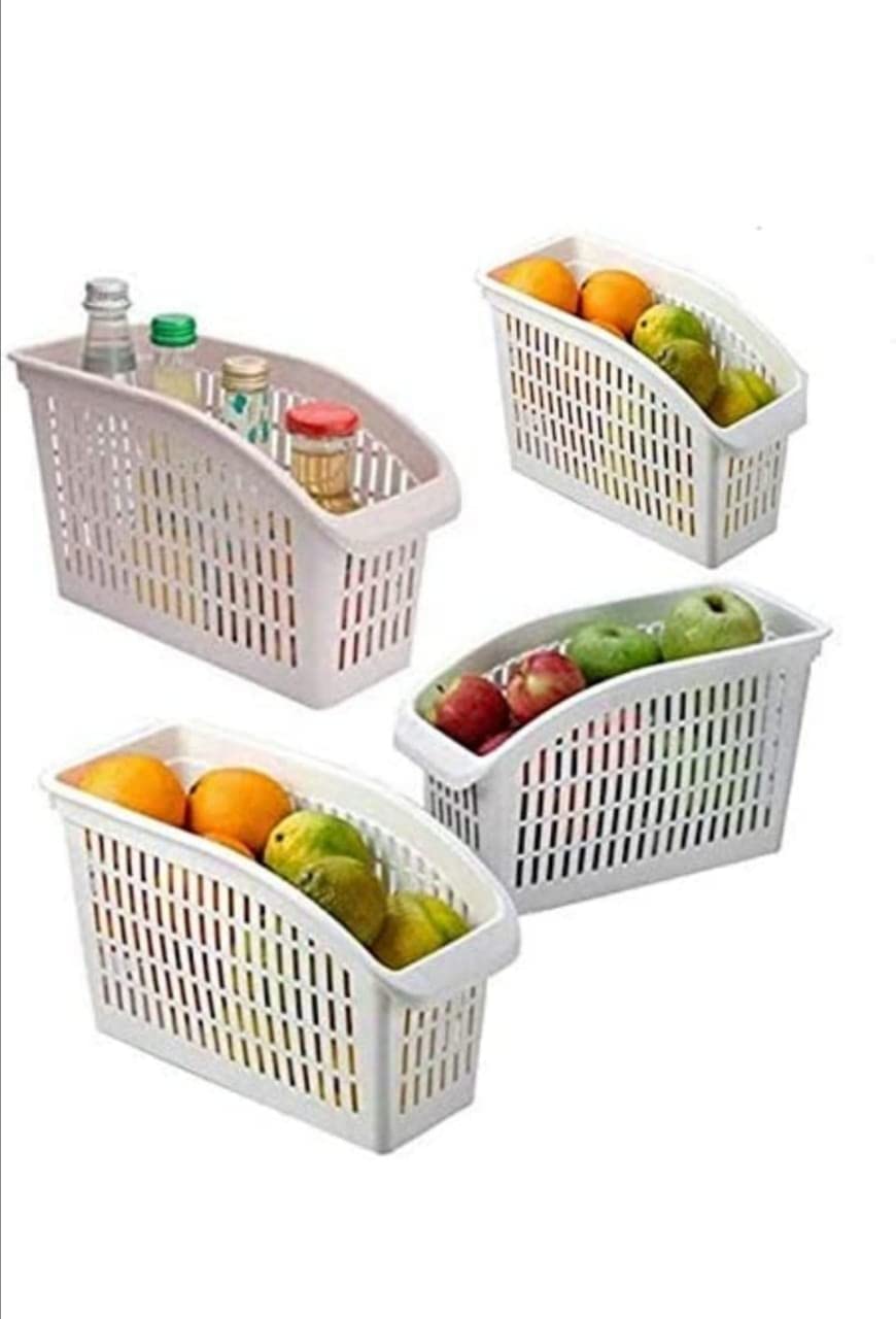 White Plastic Storage Basket Container Set of 4 for Fridge and Kitchen Cabinet Organizer
