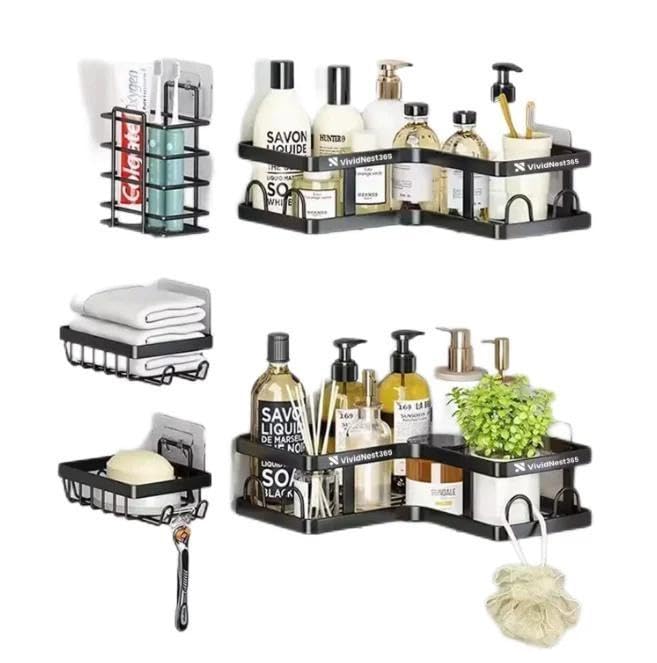 Modern Storage Holder - Black Finish Stainless Steel Material with Adhesive Strip, Five Piece Set for Bathroom and Kitchen Use