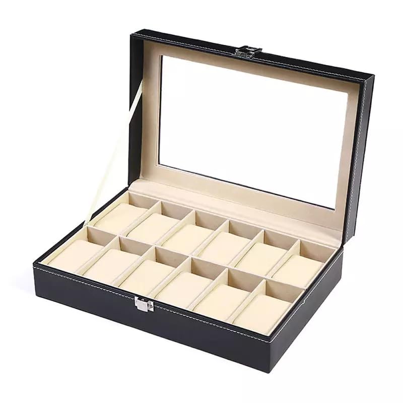 Next Store 12 Compartments Luxury Watch Storage Box Stylish Leather Watch Box with Clear Lid Display Organizer for Watches Accessories Practical Size 35x20cm Gift