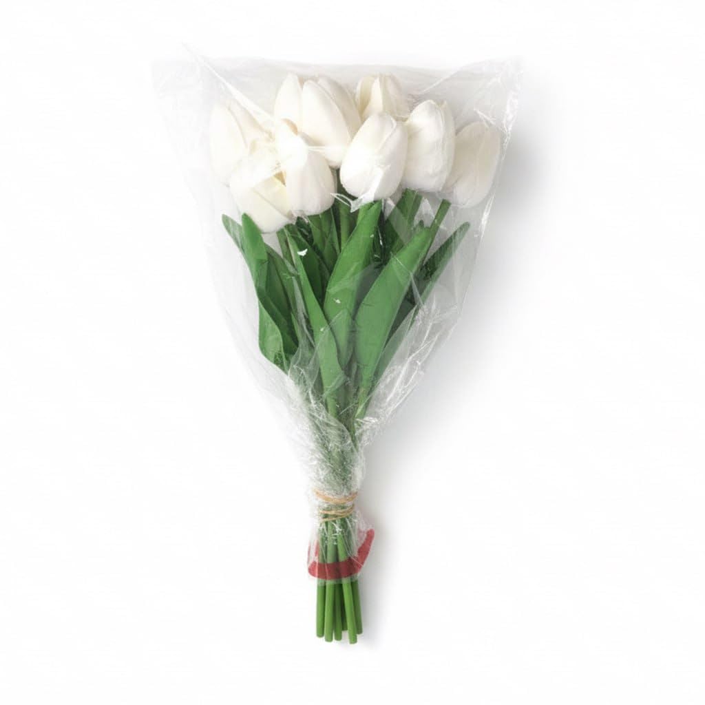 Premium Artificial Tulips Bouquet (Real Touch) - 10 Pcs - Pure White PU Latex for Home Office Wedding Decor, No Care Needed
