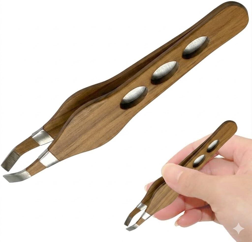 Professional Eyebrow Tweezers Stainless Steel Facial Hair Removal Tweezers with Slanted Tip for Easy Plucking Silver-wood DESIGN