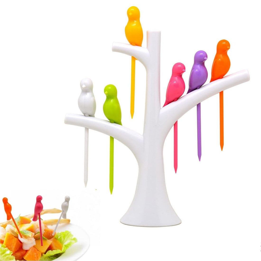 SamHeng 6 Pcs Bird Fruit Fork Reusable Plastic Toothpicks Forks Animal Food Picks Lunch Box Pick Animal Fruit Fork Fruit Picks Party Tableware Decoration for Appetizers Fruits Cakes Deserts(White)