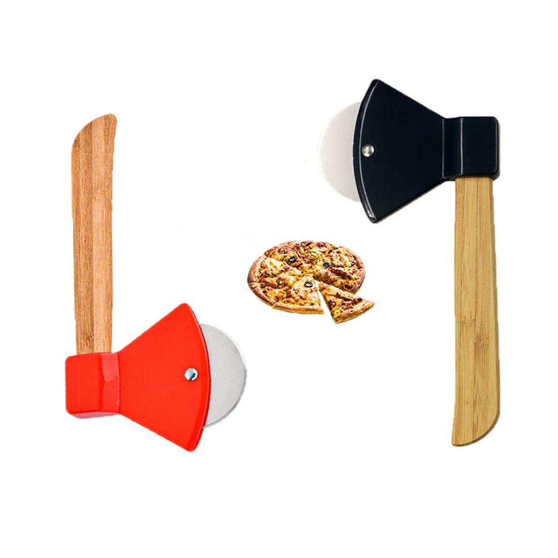 (2Pack) Mantimes Creative Stainless Steel Axe Pizza Cutter Bamboo Handle Single Wheel Pizza Cutter Plastic Biscuit Baking Gadget Red and Black