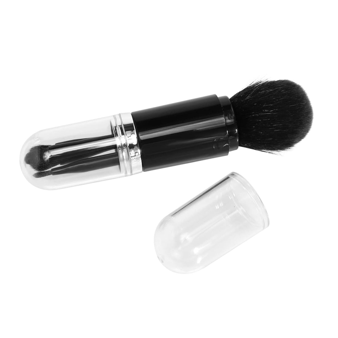 Portable Travel Brush - 4-in-1 portable travel tool with retractable design, perfect for touching up anywhere, includes lip, highlighter, eyeshadow, foundation brushes (black)