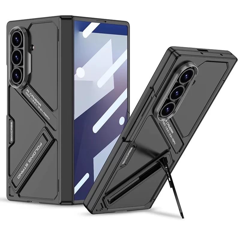 Magnetic Case for Samsung Galaxy Z Fold7 2025, 360° Hinge Protection, Hidden Kickstand, Built-in Tempered Glass Front Screen Protector, Shockproof Cover with Camera Lens Protection (Black)