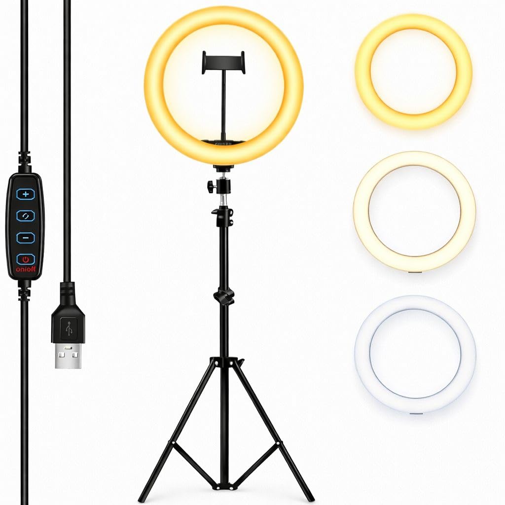 Dimmable LED Ring Light with Adjustable Tripod Stand and Phone Holder, 10 Brightness Levels, for Live Streaming, Makeup, Photography, YouTube, TikTok (10 Inch)