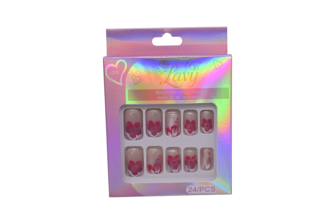 Lavy Floral Design Press-On Mink Nails 24-Piece Set - White Pink