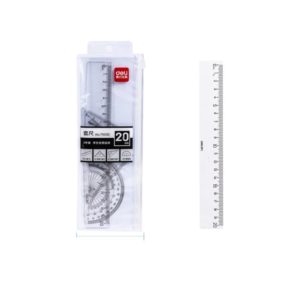 Deli 79530 Geometry Ruler 4-Piece Set, 20 cm Size, Transparent