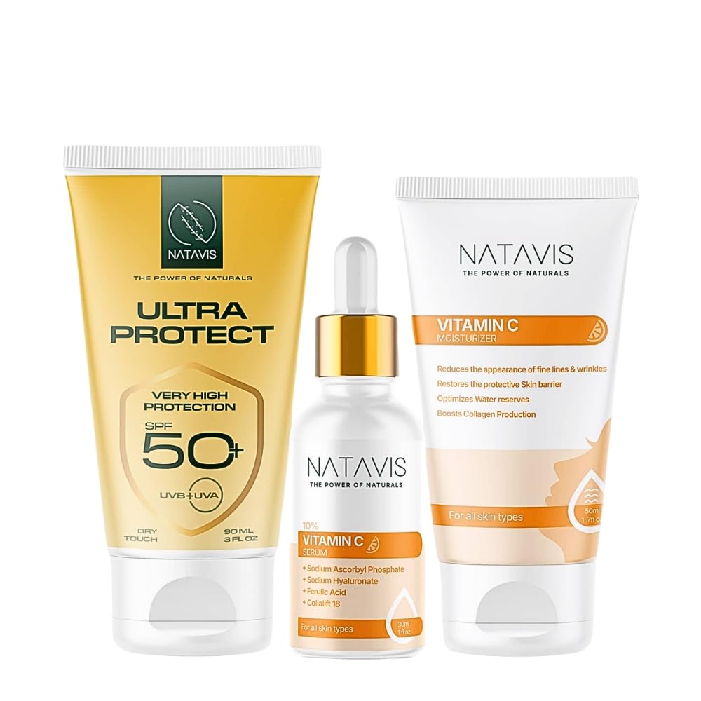 Natavis Vitamin C 10% Serum 30 ml + Natavis Vitamin C Moisturizer 50 ml + Ultra-protect spf 50+ cream 90 ml - Hydration & Brightening - Morning Skin care Routine – Antioxidant - Sun Protection