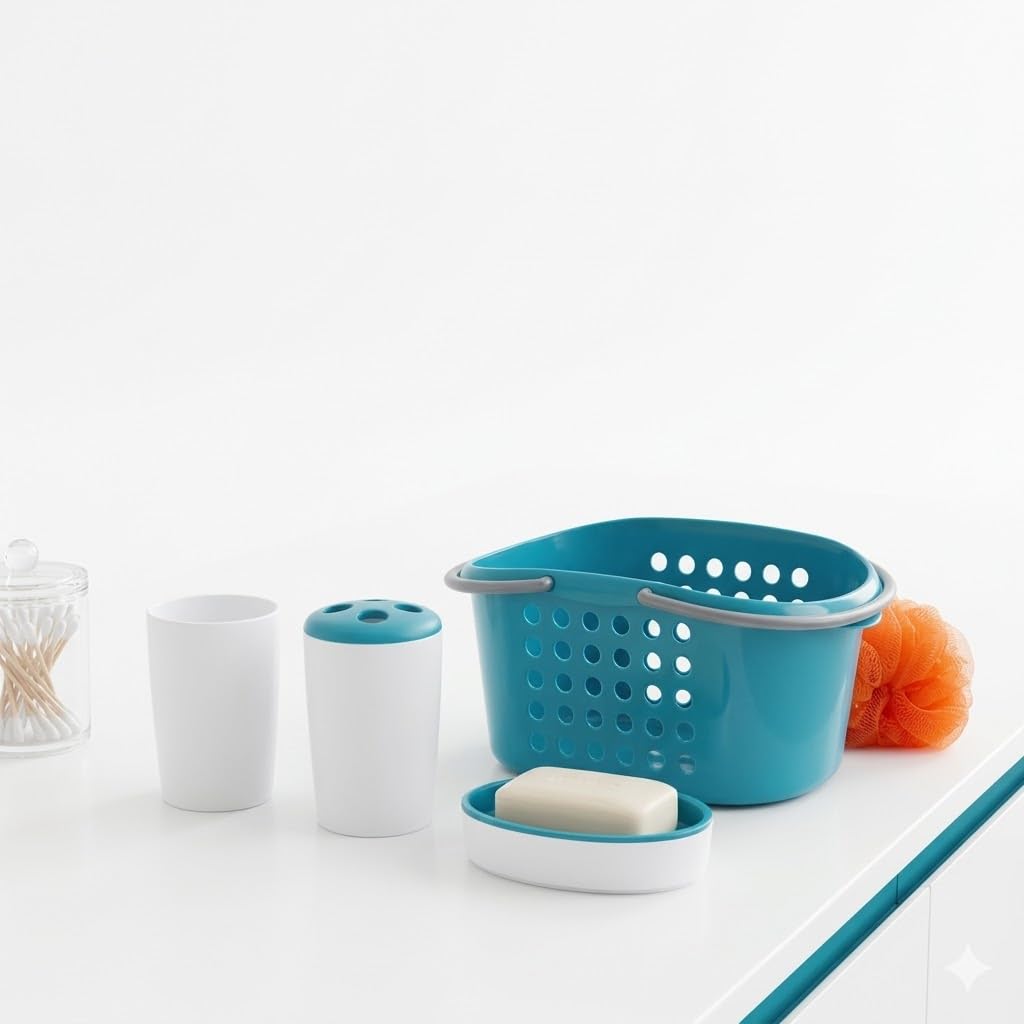 4 Piece Bathroom Set Including Bath Loofah, Toothbrush Holder, Soap and Clip Basket White and Blue Colors (Random Color)