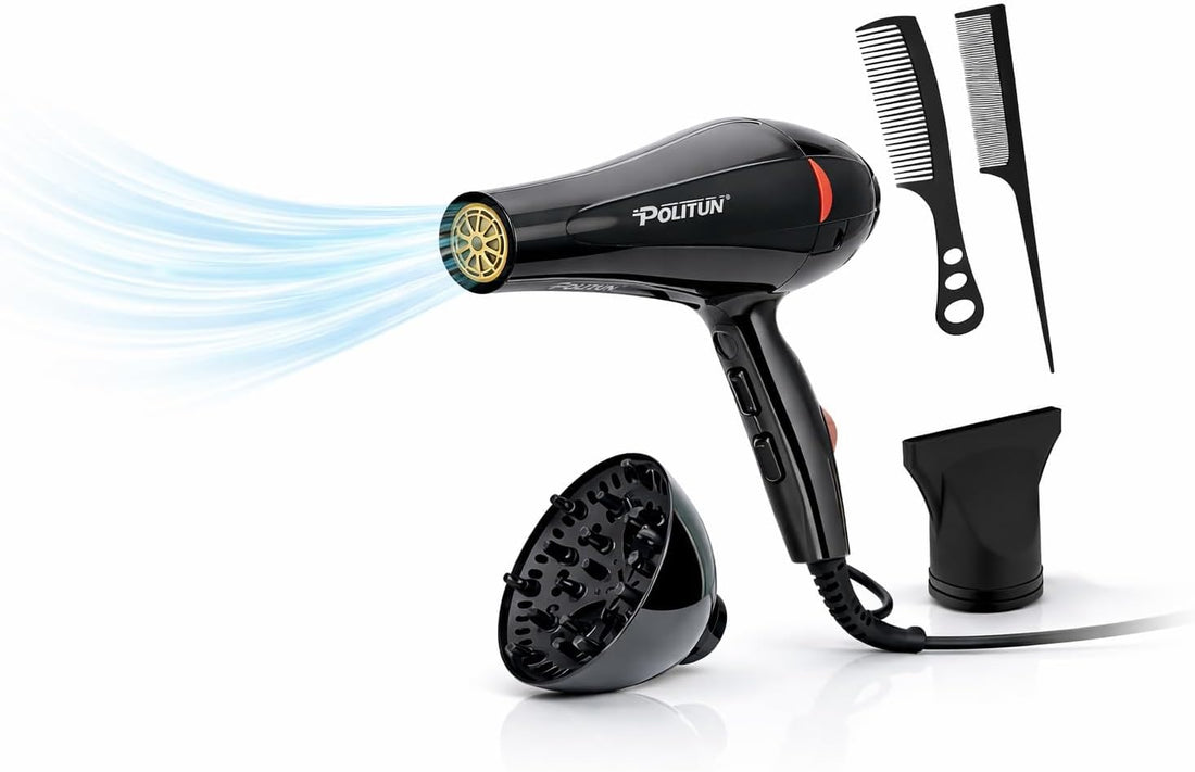 POLITONE 5000W Professional Hair Dryer, Fast Drying Powerful Motor, 3 Heat Settings, 2 Speeds, Detachable Condenser and Overheating Protection, PT-V12 Black