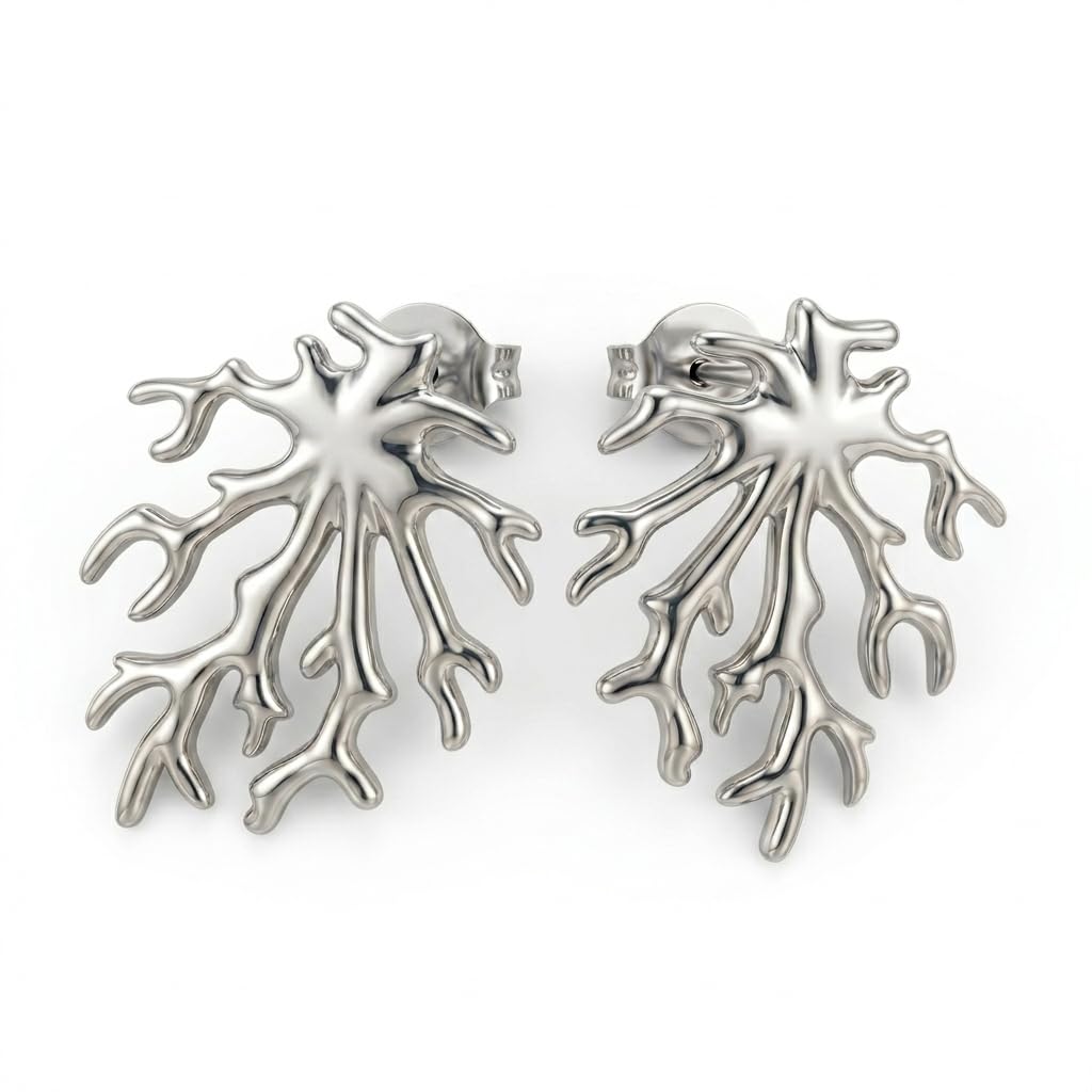 Silver Coral Branch Statement Earrings – Abstract Organic Design, Stainless Steel Fashion Jewelry for Women