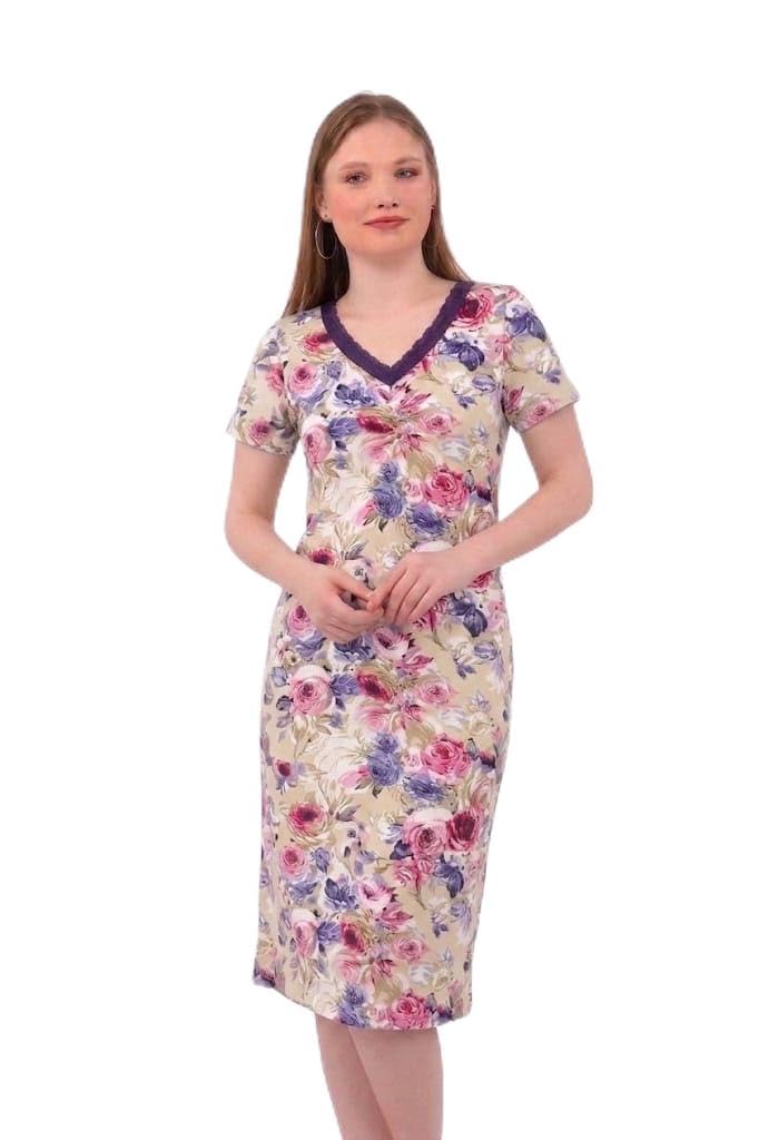 Dabbagh Women's Long Nightgown, Half Sleeve – Soft Printed Fabric, Comfortable Sleep Dress for Relaxing and Sleeping