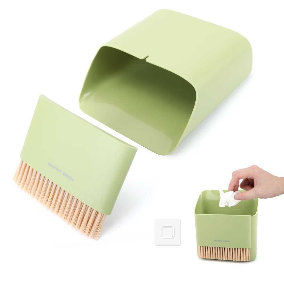 Compact Small Broom and Dustpan Set with Soft Hair, Portable Handheld Whisk Brush, Mini Hanging Trash Can for Home, Kitchen, Office, Desktop Cleaning, Lightweight and Easy to Store - Green