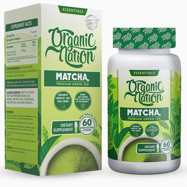 Organic Nation Matcha Premium Green Tea Dietary Supplement 60-Hard Gelatin Capsules