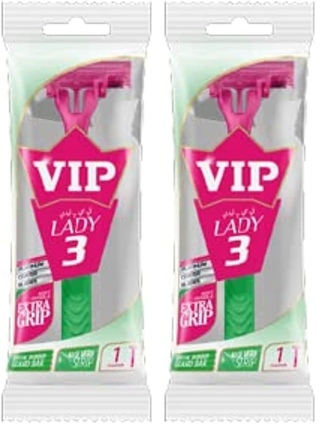 VIP LADY 3 BLADES DISPOSABLE BODY SHAVING RAZORS FOR WOMEN WITH PIVOTING HEAD THREE PLATINUM COATED BLADES GLIDING STRIP WITH ALOVERA SOFT GUARD AND SOFT HANDLE GRIP FOR EXTRA CONTROL (Pack of 2)
