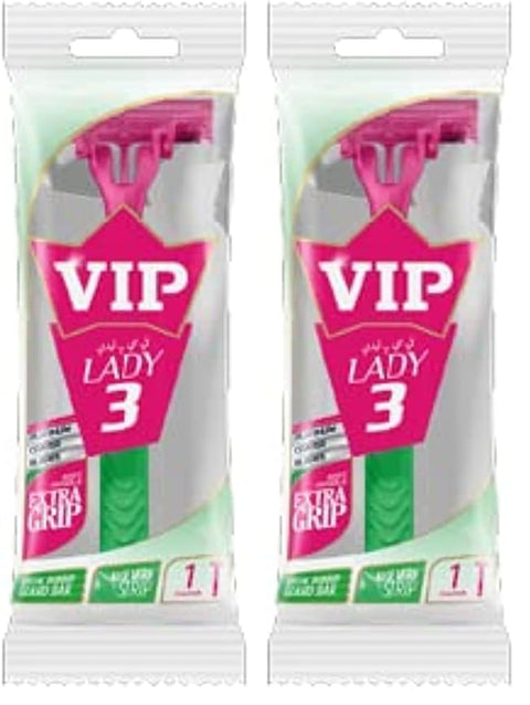 VIP LADY 3 BLADES DISPOSABLE BODY SHAVING RAZORS FOR WOMEN WITH PIVOTING HEAD THREE PLATINUM COATED BLADES GLIDING STRIP WITH ALOVERA SOFT GUARD AND SOFT HANDLE GRIP FOR EXTRA CONTROL (Pack of 2)
