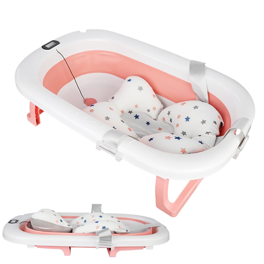 Foldable Baby Bath with Non-Slip Baby Bath Cushion/Bathtub XXL with Thermometer to Control the Water Temperature, from Birth to 2 Years, with Bath Support Cushion Seat Mat