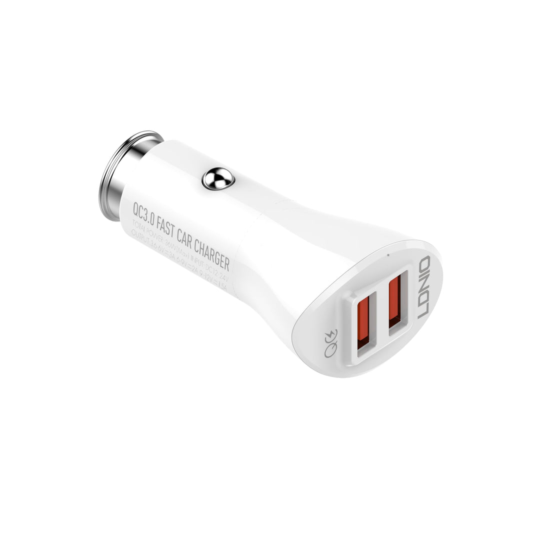 LDNIO C511Q Fast Car Charger 36W With 2USB Port QC3.0 , Pure White LED and Lightning Cable - White