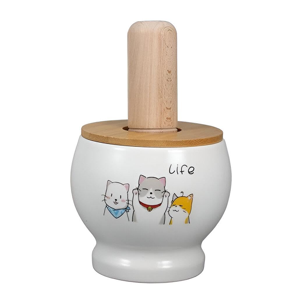 Mortar and Pestle - Multipurpose Porcelain Mortar with Wooden Lid Imported Different Designs for Efficient Garlic Crushing and Kitchen Grinding Needs