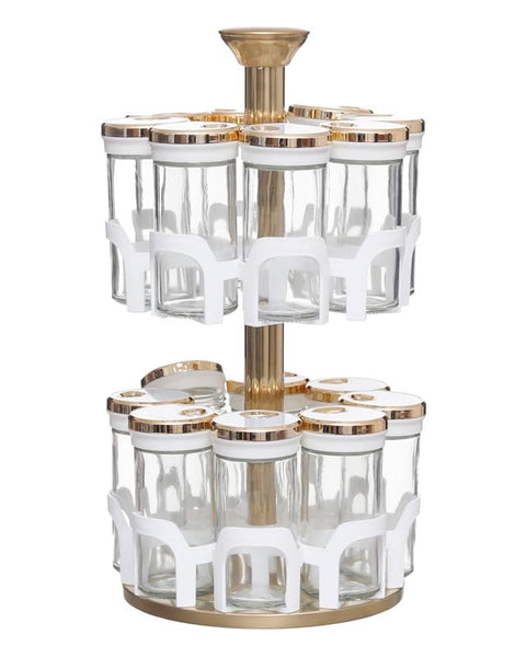 360 Degree Rotating Round Spice Set Of 16 Pieces With Stand - Clear White