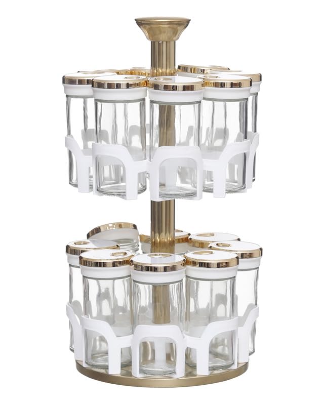 360 Degree Rotating Round Spice Set Of 16 Pieces With Stand - Clear White