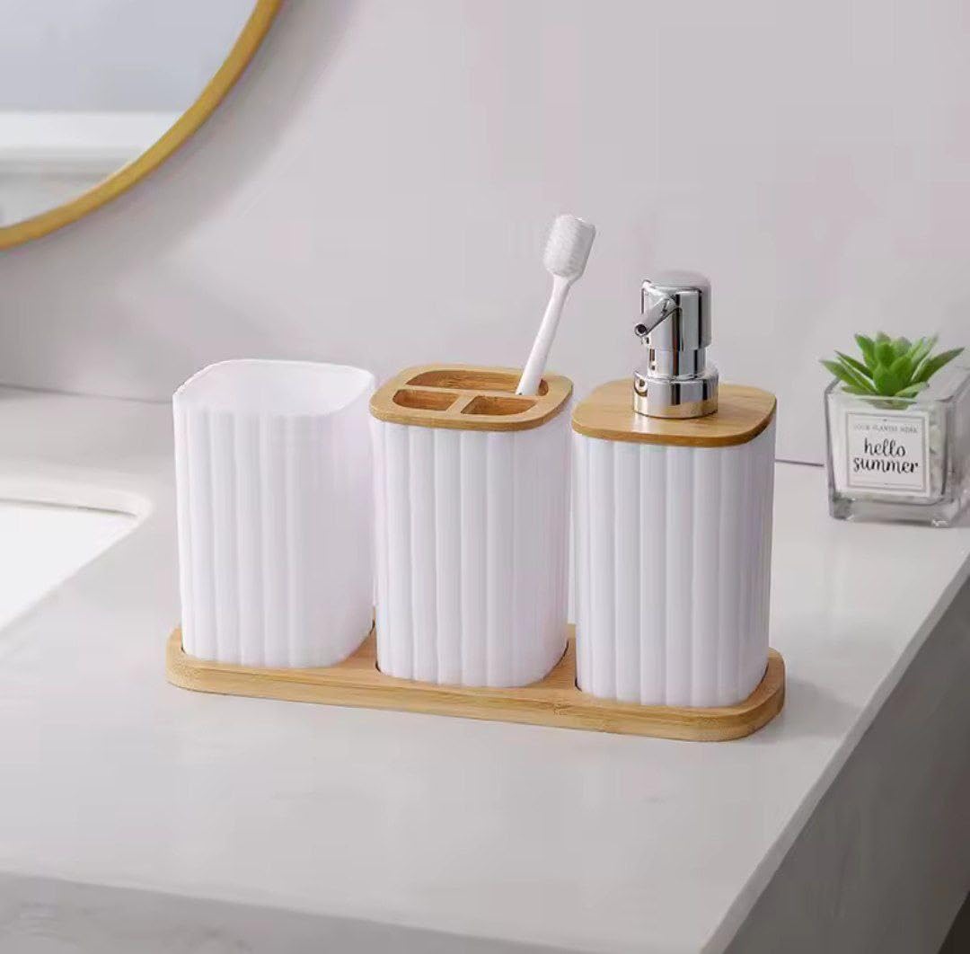 4-Piece Bathroom Accessory Set, White Acrylic with Bamboo Tray, Includes Soap Dispenser, Toothbrush Holder and Cup, .smk