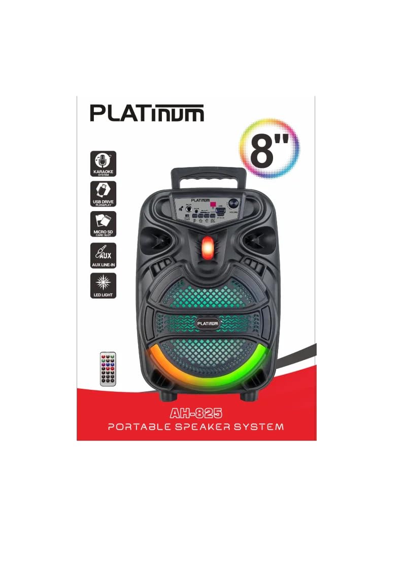 Portable Bluetooth Speaker Party 8 Inch Woofer, Karaoke Speaker with Mic Input, USB, TF Card, AUX, LED Lights, Remote Control – Model AH-825