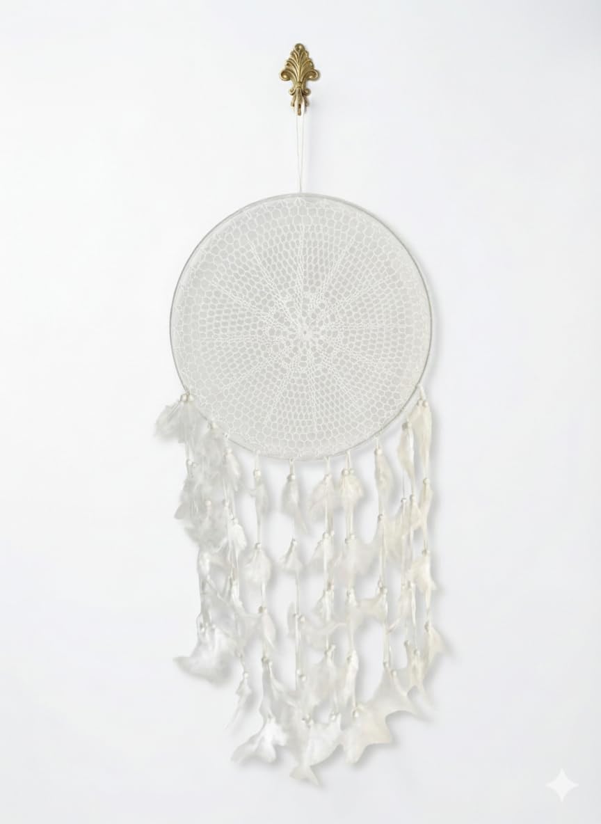 Macrame Dream Catcher Wall Hanging, Boho Decor with Fringe, Cotton Material, for Bedroom and Living Room (Large 40 X 40, White Feathers)