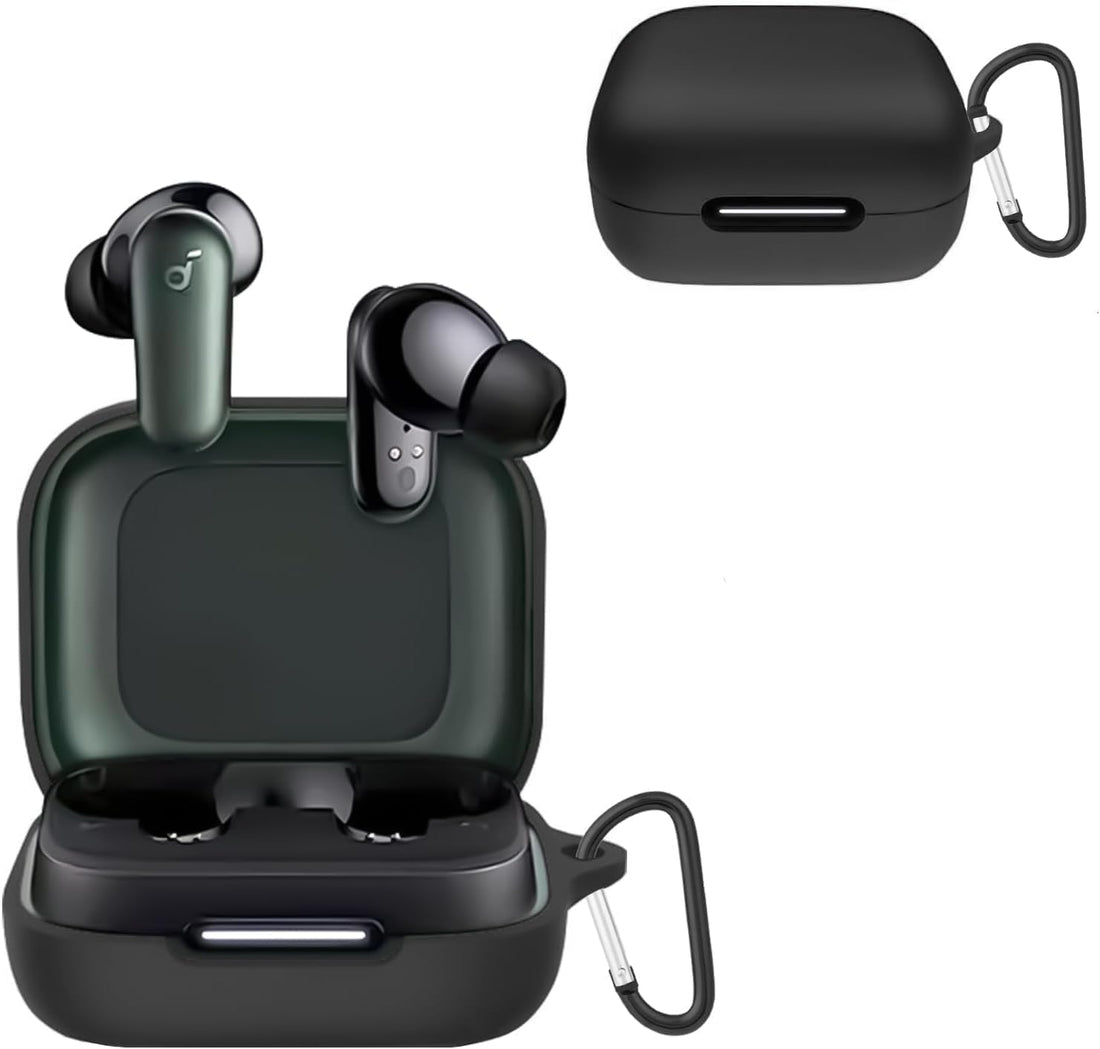 Case Cover Compatible with Anker Soundcore R50i NC/Anker P30i Case Cover, Soft Silicone Shockproof Protective Case Wireless Earbuds with Carabiner, Front LED Visible (Black)