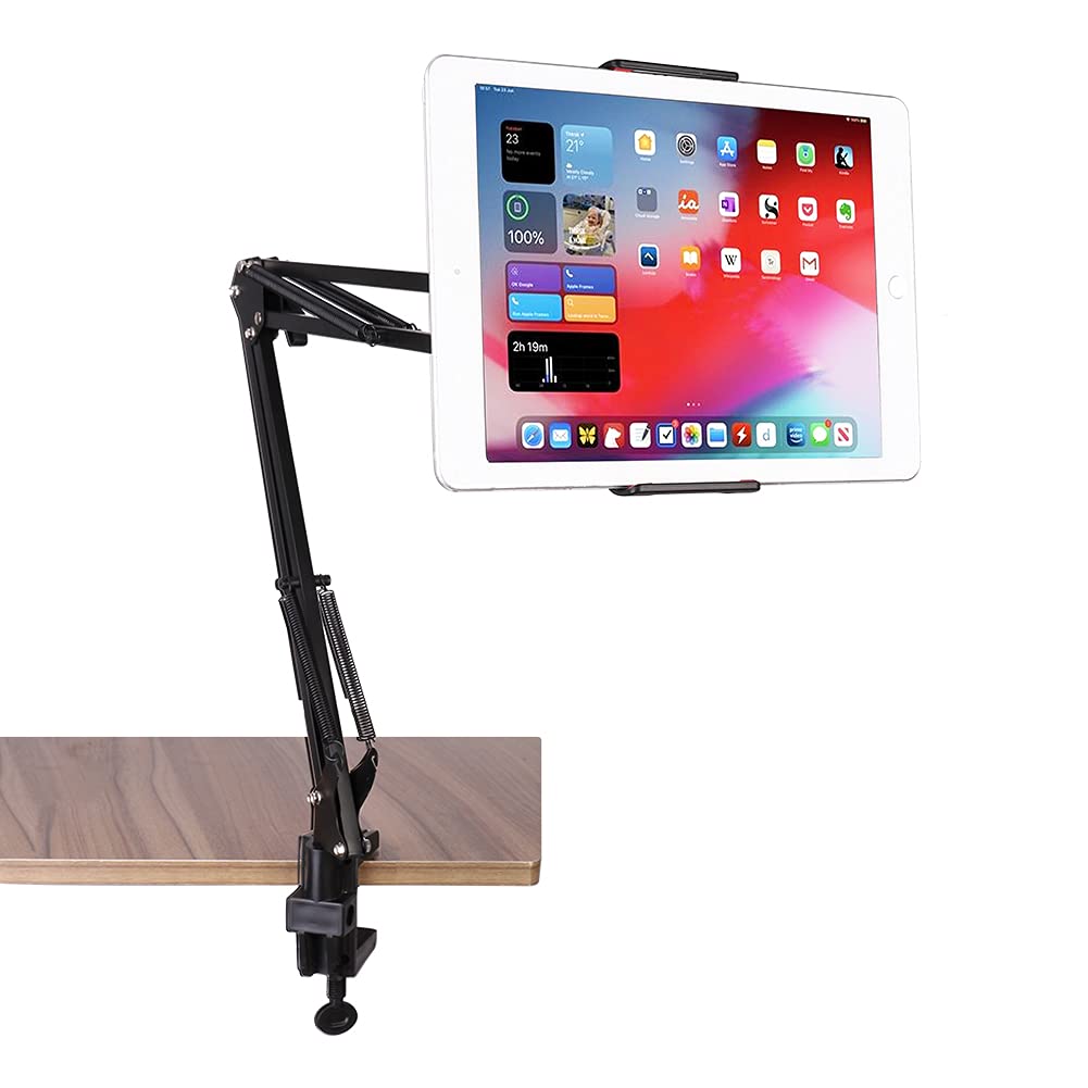 Tabletop Metal Stand for lPad/Tablet/Mobile Phones-Adjustable Multi Angle Long Arm-Device 3.5~10.6 inches- Office,Home,Watching Movie,Drawing,Live Streaming (Long Arm - Base Clip)