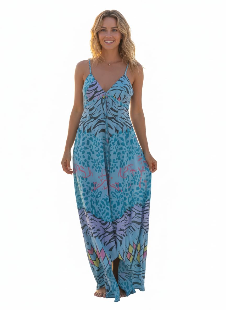 Women's Premium Chiffon Maxi Dress – Vibrant Tiger & Geometric Print – Fully Lined Summer Sundress with Adjustable Straps – Sky Blue – Size Small (Thomas & Splendor)