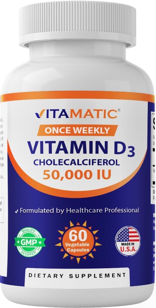 Premium Vital D-3 50,000 IU (1,250mcg) - 60 Veggie Capsules - with Practical Pill Box - Once Weekly Dose - Mega Immune & Bone Rhythm Matrix - Non-GMO - High Bio-Integrity Formula