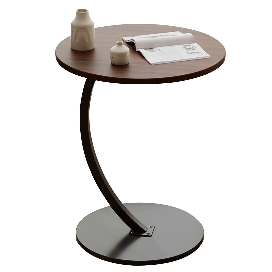 Beauenty Mini Round End Table, 40cm Wooden Sofa Side Table with Round Metal Frame for Home, Office, Balcony and Small Spaces, Outdoor ＆ Indoor Tea Table, Modern Simple Nightstand