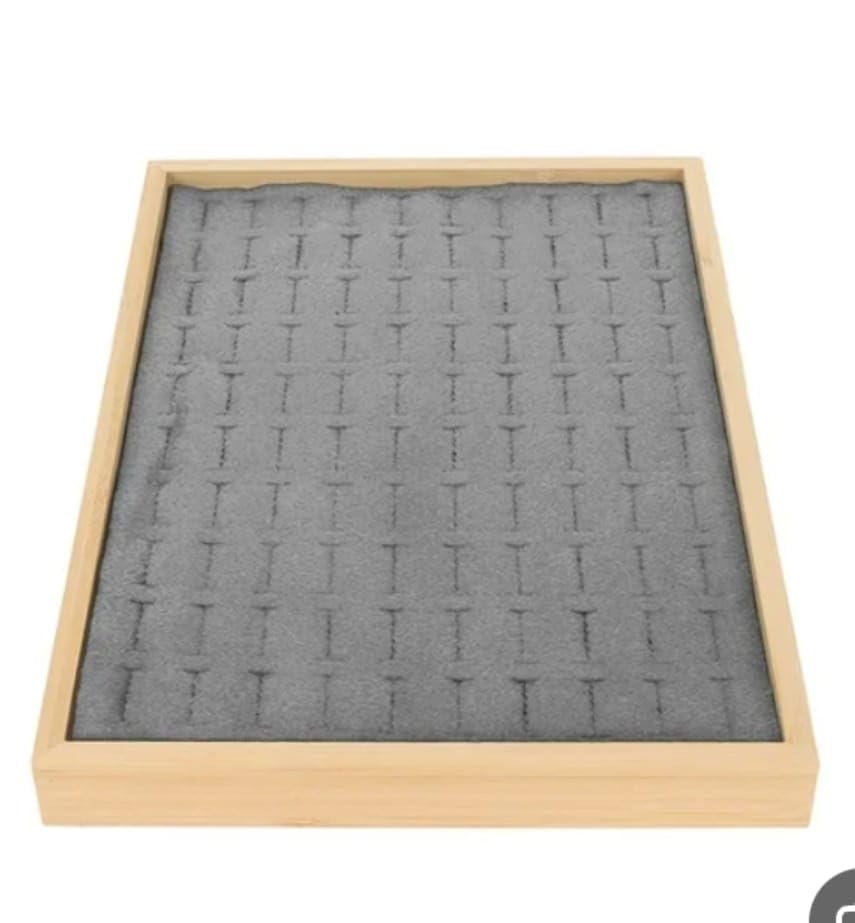 Wooden Jewelry Display Tray, Grey Velvet Liner, Ring Organizer, Multi Slots
