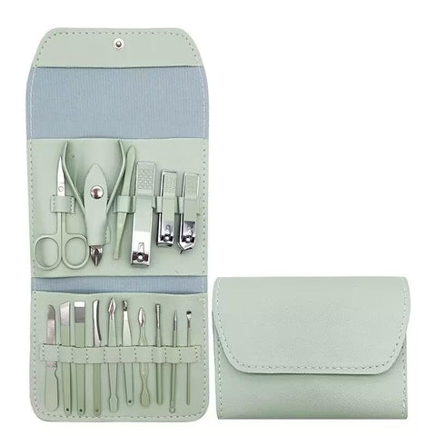 TECHZONE 16-in-1 Manicure Set â€“ Professional Nail Care Kit for Men & Women with Stainless Steel Nail Clippers, Scissors, Tweezers & Grooming Tools in Portable Travel Case (Light Green)