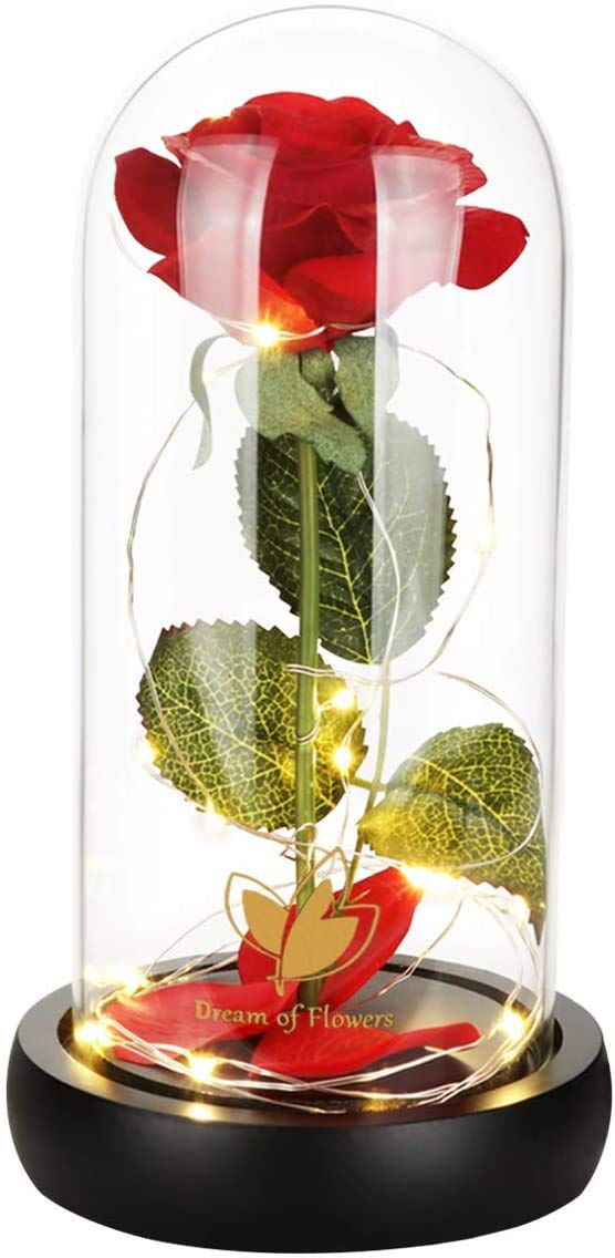 Dream of Flowers Beauty and The Beast Rose, Enchanted Red Silk Rose with Fallen Petals in Glass Dome on a Wooden Base Best Gift for Home/Office or Home Decorations, Anniversary, Birthday Gift