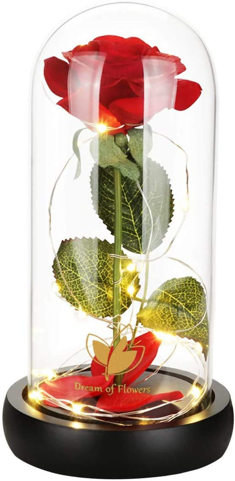 Dream of Flowers Beauty and The Beast Rose, Enchanted Red Silk Rose with Fallen Petals in Glass Dome on a Wooden Base Best Gift for Home/Office or Home Decorations, Anniversary, Birthday Gift