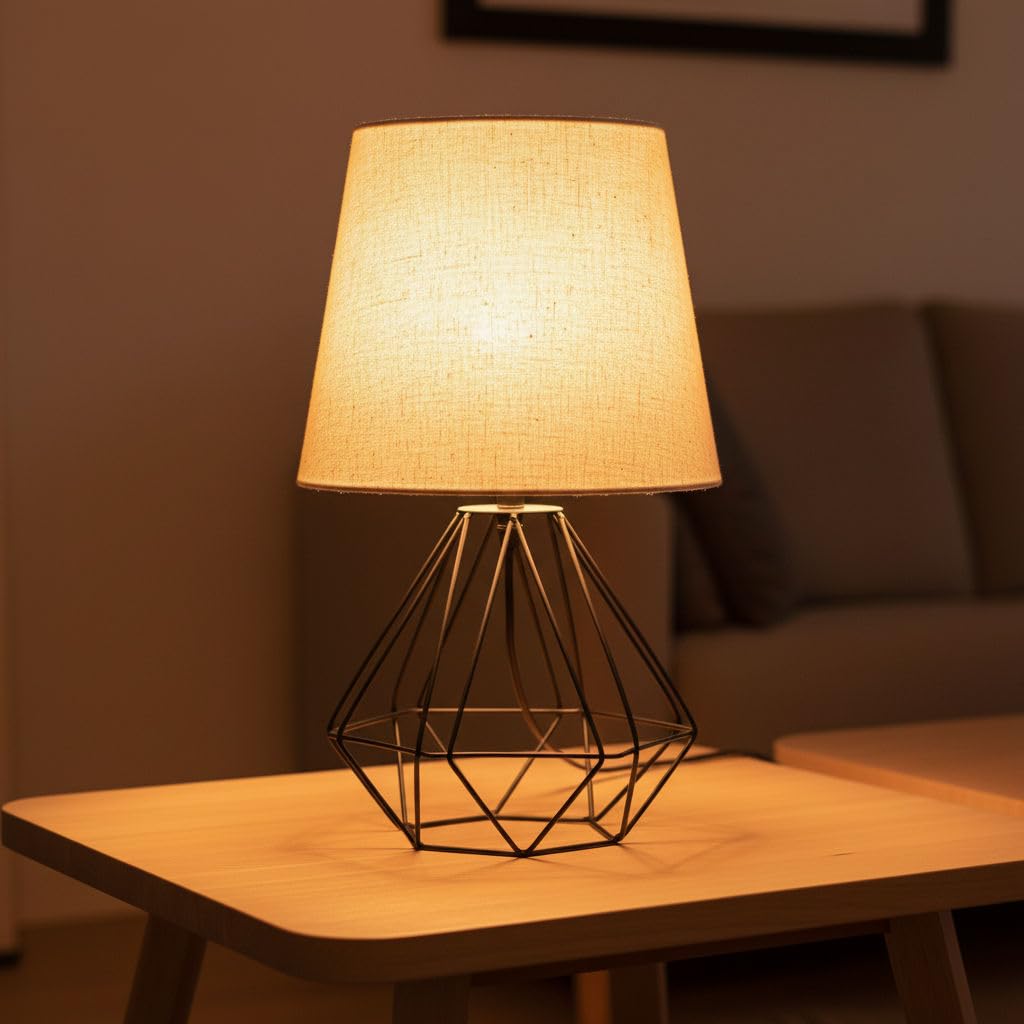 Oops Modern Table Lamp – Black Geometric Metal Base with Linen Fabric Shade – Soft Warm Ambient Lighting – Elegant White Design – Suitable for Bedrooms & Home Décor-Model1 – E27 Bulb