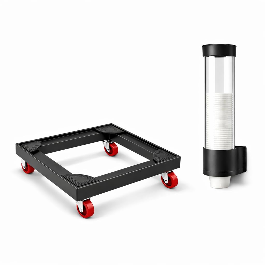 Durable Black Aluminum Water Cooler Base – High Quality Holds Heavy Weight – 4 Strong Wheels with Safety Brake + Black Transparent Wall Cup Holder with Strong Face