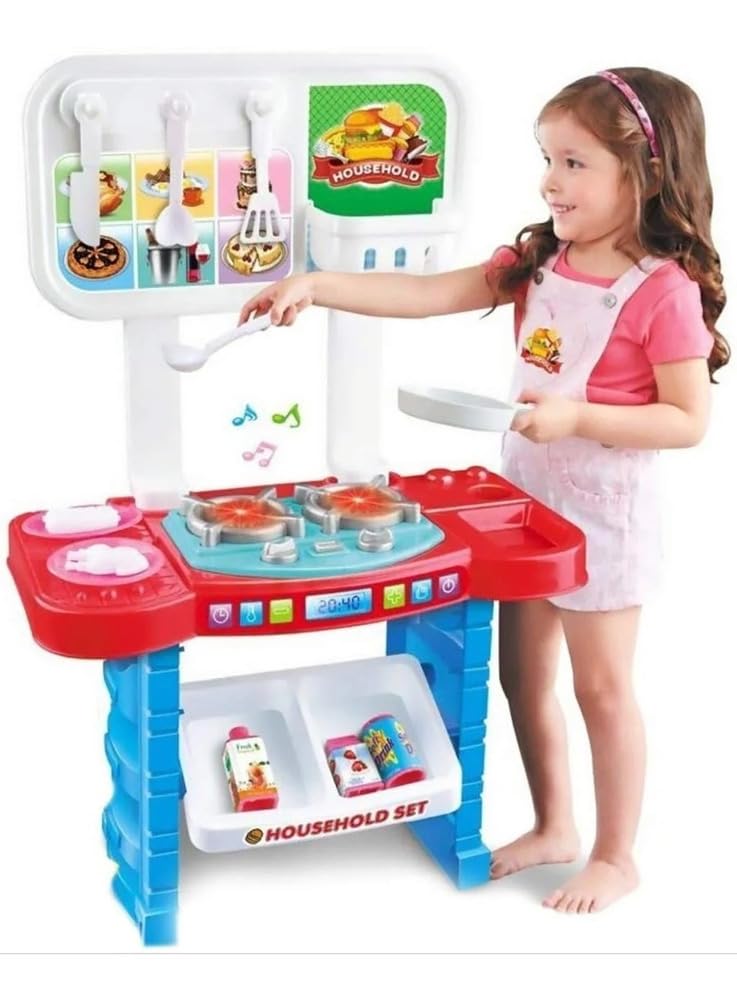 Kids Kitchen Set with Light and Music, Home Role Play Toys, Include Vegetable Basket and Cooking Utensils for Girls