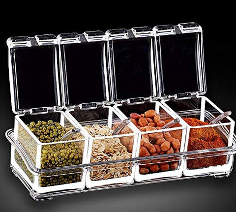 SAJANI Crystal Seasoning Acrylic Box Pepper Salt Spice Rack Plastic 4 Box with Spoons(pack of 1)