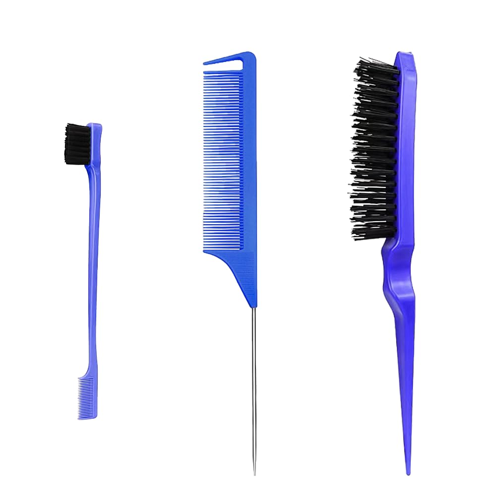 3-Piece Hair Comb, Double Edge Comb, Rat Tail Comb, Bristle Haircut Hair Comb, Hairdresser Comb Hair Brush, for Hairdresser, Home (Blue)