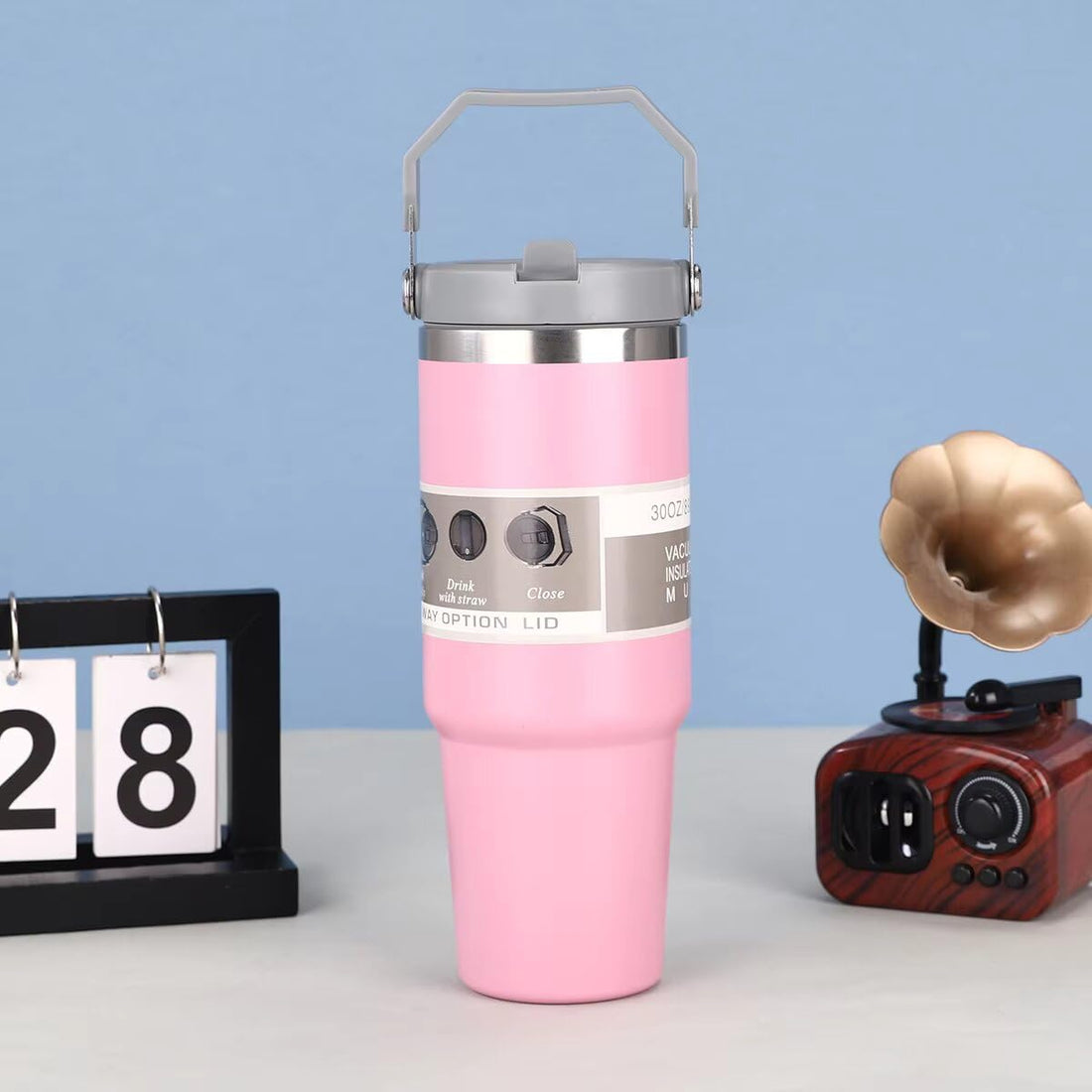 Favria 890ML Tumbler with Straw Leakproof Flip Lid/Hand Grip Vacuum Car Tumbler Stainless Steel Double Wall Insulated Travel Water Bottle/Coffee Travel Mugs Tumbler with Lid (Pink)