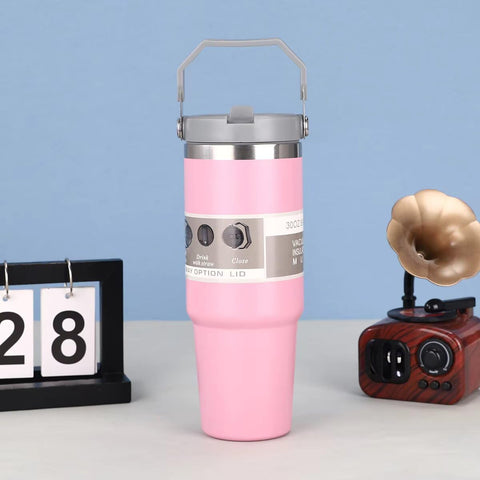 Favria 890ML Tumbler with Straw Leakproof Flip Lid/Hand Grip Vacuum Car Tumbler Stainless Steel Double Wall Insulated Travel Water Bottle/Coffee Travel Mugs Tumbler with Lid (Pink)