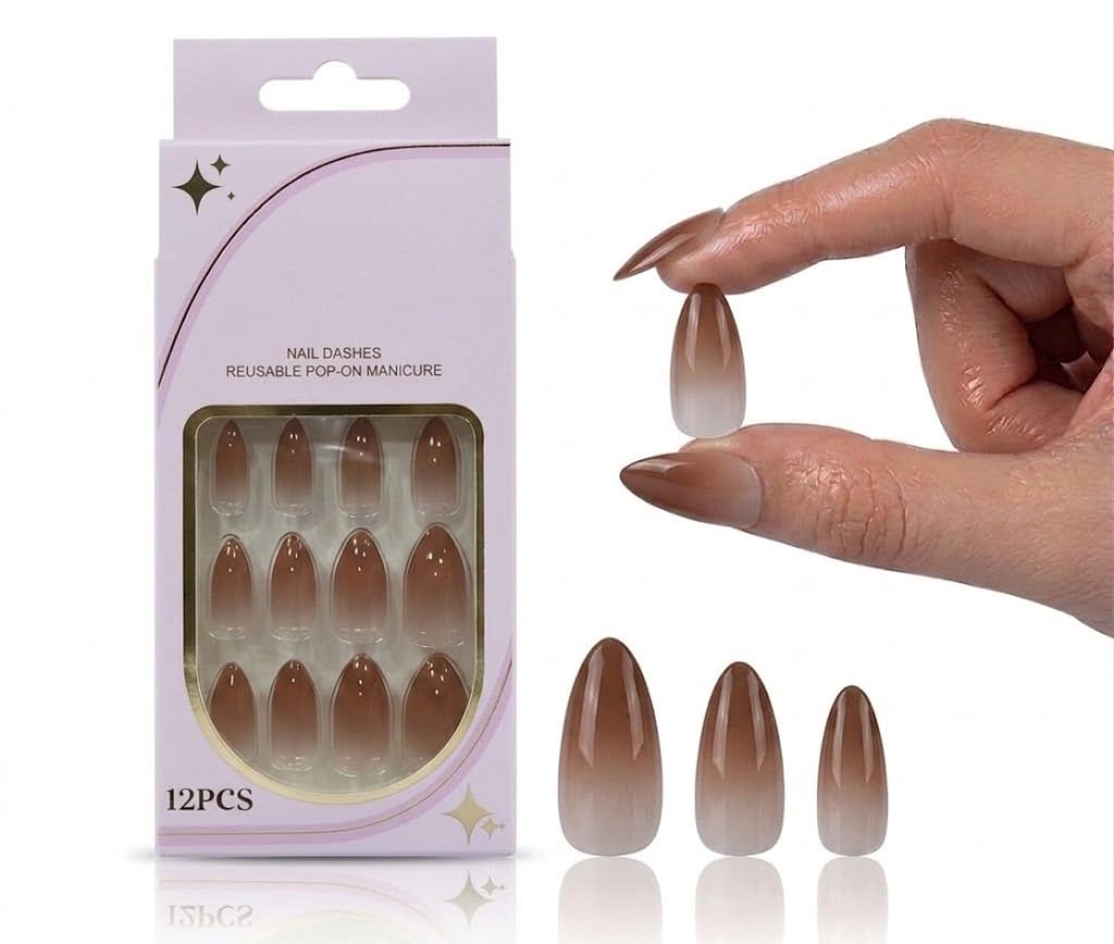 12pcs Gel Press On OVAL Nail Shiny False Nails Full Cover Artificial Fake Nail Art Tips- Comes With 1 SHEET DOUBLE FACE (N2)